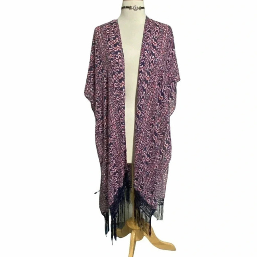 Torrid Kimono One Size Pink Navy Blue Geometric‎ Fringe Boho Open Front Wrap